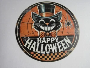 New 7 3/4" Round Vintage Look Halloween W Grinning Black Cat Metal Sign  - Picture 1 of 3