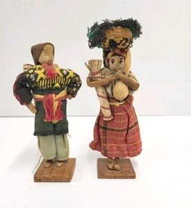 Vintage Lot Of 2 Guatemalan Handmade Folk Art Fabric Doll Wood Wooden Stand - Picture 1 of 9