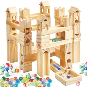 Wooden Marble Run for Kids Ages 4-8, 120 Pieces Wood Building Blocks and Cons... - Picture 1 of 6