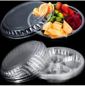 12 Pack 10 Inch Round Plastic Veggie / Fruit Tray & Lid, 6 Divided Compartments - Picture 1 of 6