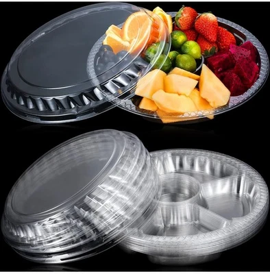 12 Pack 10 Inch Round Plastic Veggie / Fruit Tray & Lid, 6 Divided Compartments - Image 1 of 4