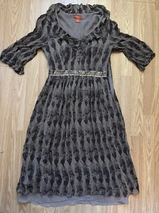 Sundance Womens Silk Midi Dress 4 Taupe Feather Print Beaded Sequin Boho Luxury - Picture 1 of 15