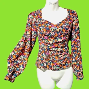 LIAM & COMPANY CO. rainbow & black flower microprint fitted blouse top XS S 4C - Picture 1 of 12