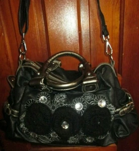 Nicole Lee Satchel - Black Sequin Tote Bag purse crocheted flowers handbag - Picture 1 of 12