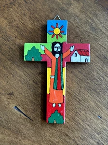 El Salvador Hand Painted Wood Cross Jesus Welcome Wall Decor 4" Small - Foto 1 di 6