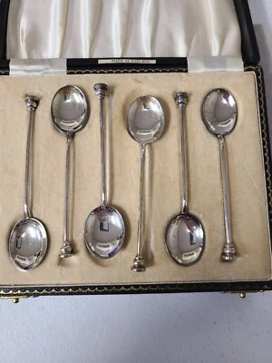 Antique Art Deco Spoons Espresso Demitasse Enameled Guilloche Silver England  - Image 1 of 2
