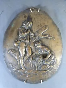 Medallion plaque in embossed copper bucolic scene shepherd 19th century - Picture 1 of 10