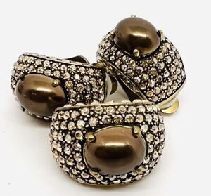 HEIDI DAUS Faux Gray Pearl & Crystal Rhinestone Ring & Earrings Size 5.5 Signed