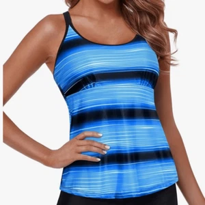NWT Yonique Women’s Blue And Black Stripe Tankini Swim Top, Size S - Picture 1 of 10