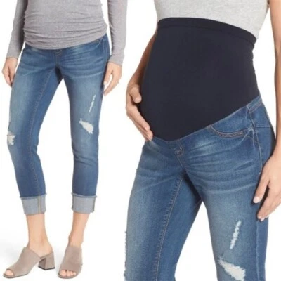 1822 Denim Distressed Maternity Crop Jean Frayed Raw Cut Hem Stretch Denim Irene - Image 1 of 4