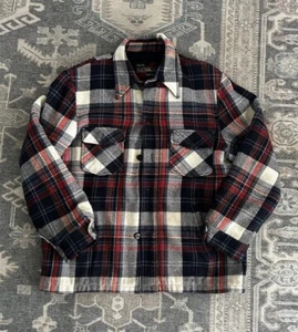 Vintage Sears Mens Store Outerwear Red Blue Plaid Work Coat Jacket 44 Tall - Picture 1 of 8