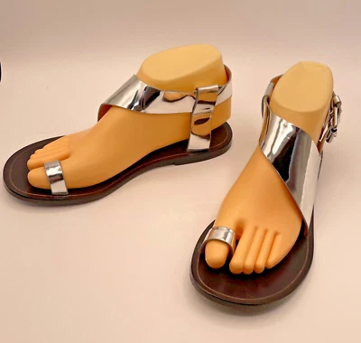 Isabel Marant Silver Metallic Leather Toe Loop Ankle Wrap Flat Sandals Shoes 37 - Image 1 of 4