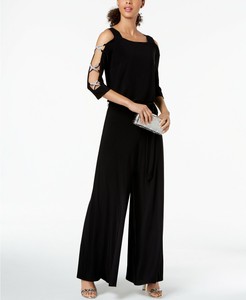 overlay embellished split neck black jumpsuit