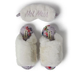 Dearfoams Women's Louise Fuzzy Cross Band Slide Slipper with Eyemask Gift Set - Picture 1 of 21