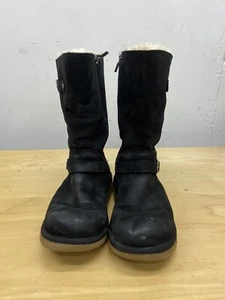 UGG Australia Kensington Black Leather Boots w/ Buckles Moto Style Women's Sz 6 - Picture 1 of 11