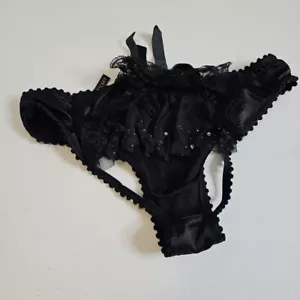 Victoria's Secret Black Satin Open Back Bikini Panty Tulle Ruffle Rhinestones XS - Picture 1 of 10