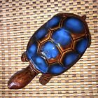 Figurine tortue en céramique vintage bleu brun glacé brillant peinte à la main 7,5""