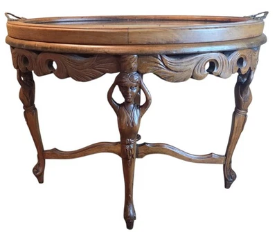 Antique French Renaissance Oval Accent Table Carved Wood Figural Maidens Glass - Image 1 of 4