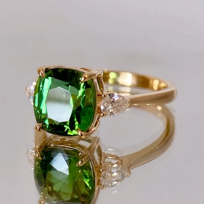 Classical 3-Stone Women Ring Green Tourmaline Natural Diamond 14K Yellow Gold - Image 1 of 4
