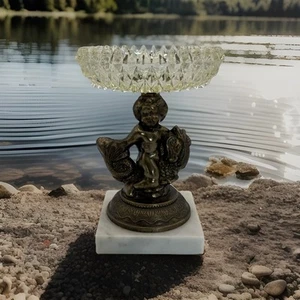 Vintage Antique Kintaro Boy Riding Koi Fish Candy Dish Figurine Glass and Marble - Picture 1 of 6