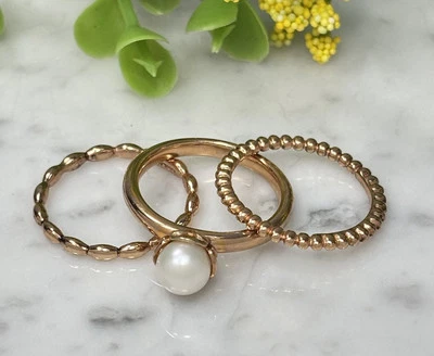Sterling Silver 925 Gold Vermeil & Natural AAA Pearl 3 Ring Stacking Set Sz 7 EC - Image 1 of 4