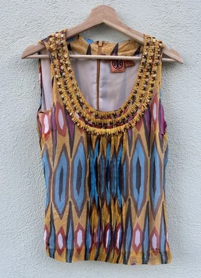 Tory Burch 100% Silk Top Womens Sleeveless Embellished Shell Blouse Designer 4 - Image 1 of 4