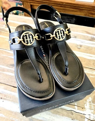 Tommy Hilfiger Black With Gold Logo Sandals 7.5 Women 1.5" Heel New In Box! - Image 1 of 4