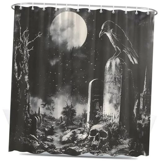 Gothic Shower Curtain Hooks - Skull Moth Metal Rings Bathroom Decor