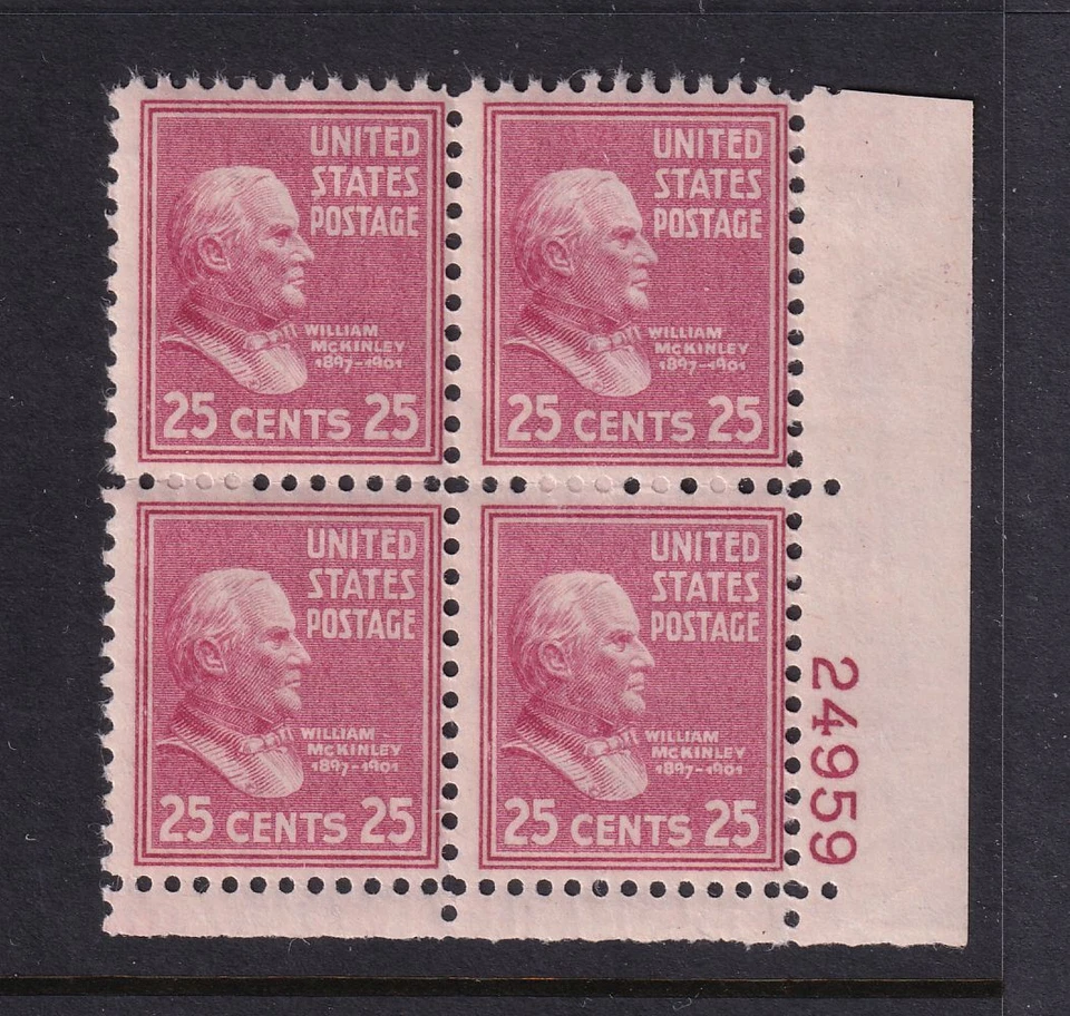 1938 William McKinley 25c PREXY Sc 829 MNH plate block of 4 (EJ - Image 1 of 1