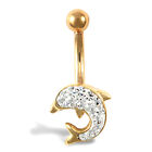 9ct Yellow Gold Belly Bar Body Jewellery White Crystal Dolphin