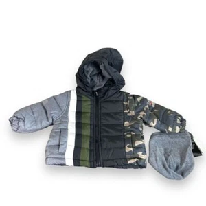 NEW London Fog Quilted Puffer Coat Jacket Baby 12 Month Full Zip Camo Hat Beanie - Picture 1 of 5