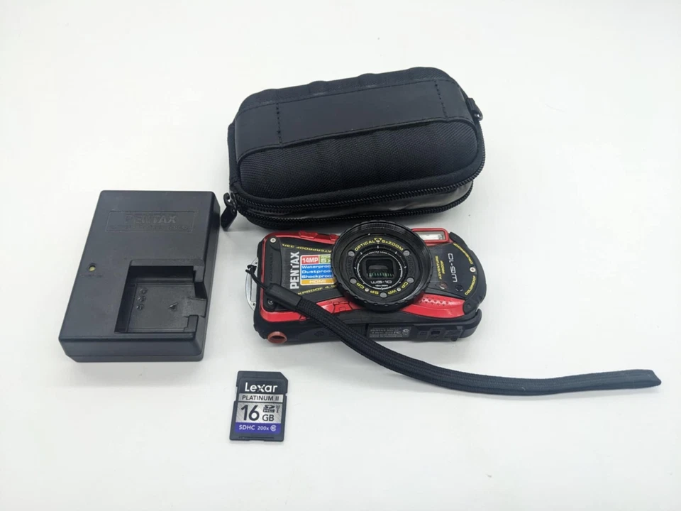 Pentax Optio WG-10 Waterproof 14MP Digital Camera Red + SD Card, Charger, & Case - Image 1 of 4