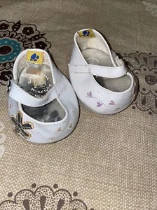 BABW Build A Bear Workshop Pair Dress Shoes White flower Strap Heart Buckle - Picture 1 of 4