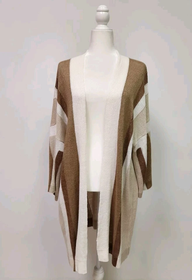 Per Se by Carlisle Open Duster Cardigan Linen LX Brown Color-Block Striped - Image 1 of 4