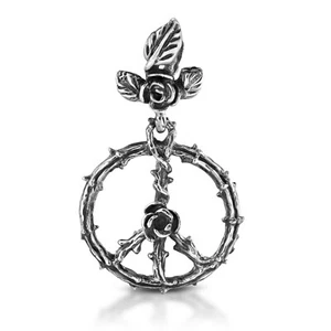 Cute Rose and Thorns Peace Symbol Sterling Silver Pendant Necklace - Picture 1 of 4