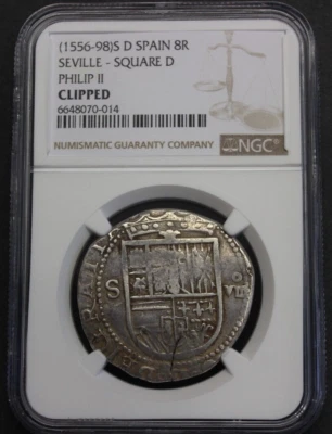 PHILIP II 8 REAL COB NGC SEVILLA ASSAYER D SILVER COLONIAL ERA 1500s - Image 1 of 4