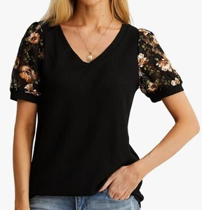 Iwollence Damen Waffelstrick Blumen Spitze Ärmel Top schwarz V-Ausschnitt Plus 2X neu - Bild 1 von 3