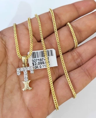 Collar de 2 mm colgante alfabeto T diamante cadena franco oro amarillo 10k real Foto 1 de 4