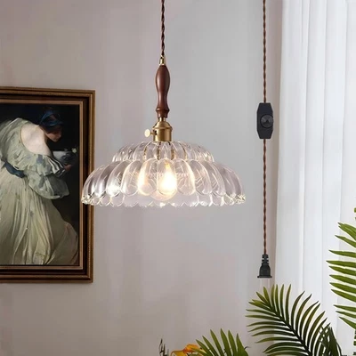Lámpara colgante enchufable, vidrio transparente festoneado con mango de madera, latón dorado F... Foto 1 de 4