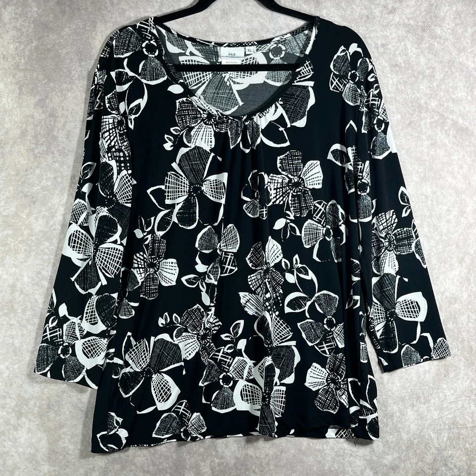 Lo último Top de algodón para mujer XL negro blanco floral cuello redondo mangas 3/4 carrera artística Foto 1 de 4