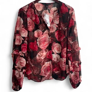 WHBM White House Black Market Floral Rose Ruffle Long Sleeve Blouse Small NWT - Picture 1 of 7