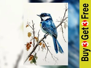 Blue Bird on Branch Painting 5"x7" Print on Matte Paper | Calm Nature Wall Art - Picture 1 of 18