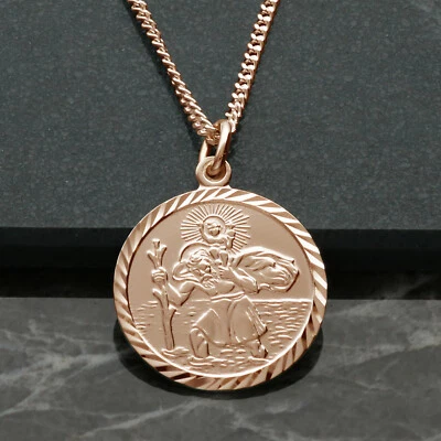 9ct Rose Gold 19mm St Christopher Pendant Disc Optional Back Engraving & Chain - Image 1 of 3
