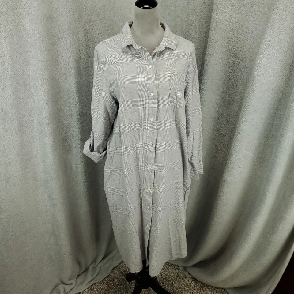 Ralph Lauren LRL Casa Vestido Mujer XL Camisa para Dormir Bolsillos Abotonados Pestaña Enrollable Foto 1 de 4