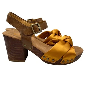 KORKS Natalia Yellow Marigold Satin Knot Wood look Block Heel Sandal Women sz 9 - Picture 1 of 12