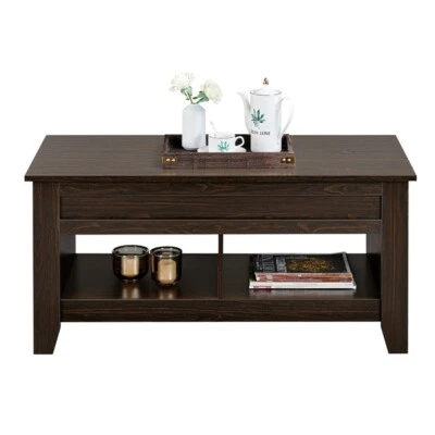 Table de Basse Relevable Table de Salon Moderne 2 Compartiement Blanc/Brun Foncé - Photo 1/2