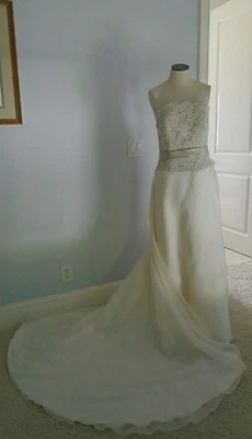 Wedding Dress Paloma Blanco Champange Lace Over Bodice Off White Strapless  - Image 1 of 4