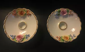 VINTAGE! SET OF 2! DRESDEN PINK ROSE W GOLD ACCENT PORCELAIN CANDLESTICK HOLDERS - Picture 1 of 10