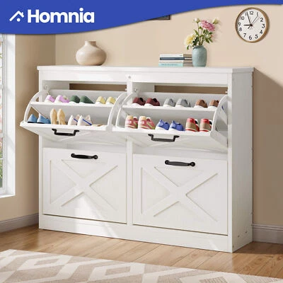 HOMNIA 4 Flip Drawers Shoe Storage Cabinet Top Shelf Farmhouse Sneakers Rack Organizer
