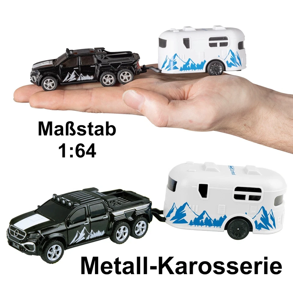 Metall Mini RC Auto Pick-up SUV mit Wohnwagen Anhänger 1:64 ferngesteuert Revell - Bild 1 von 4